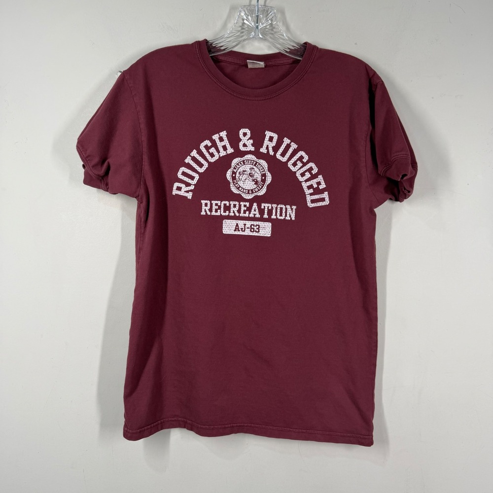 Ajaxx63 Mens Rough & Rugged Recreation Graphic T-Shirt Maroon Sz S AJ-63 Gay Fun